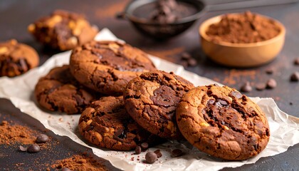 Fototapeta premium Chocolate chip cookies, stacked on parchment paper
