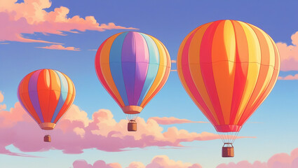 Fototapeta premium Three colorful hot air balloons floating in a pastel sky with clouds airship flight