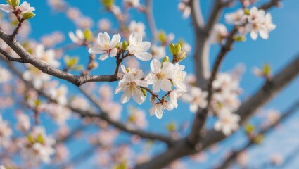 Obraz premium Blooming flowers on tree branches with a clear blue sky in the background.