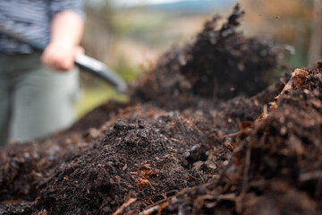 soil Compost pile, organic thermophilic compost turning in Tasmania Australia