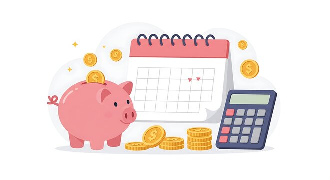 Vector illustration for financial planning, monthly budgeting, and saving money. Piggy bank, calendar, and calculator for managing personal finance