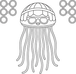 Jellyfish Wearing Glasses Outline Vector Illustration, Underwater Coolness Concept