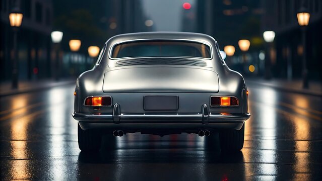 Fototapeta Classic silver coupe parked on wet street vintage car