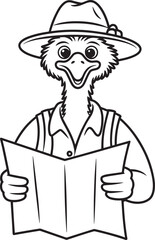 Ostrich Tourist with Map A Whimsical Line Art Illustration for Travel Enthusiasts