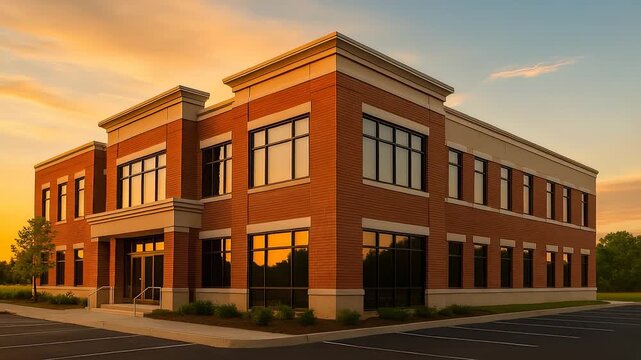 Modern brick office building with large windows and professional exterior design at sunset.