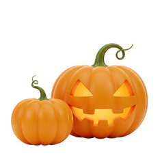 Obraz premium Cute 3D Halloween pumpkin set with funny carved Jack O Lantern faces and autumn gourds.Isolated on white or transparent background. PNG format.
