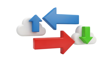 Colorful 3D render shows cloud data exchange on black. Useful for technology, presentations, and data transfer projects.