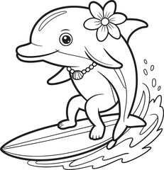 Surfing Dolphin Cartoon Character with Flower and Necklace Outline Illustration