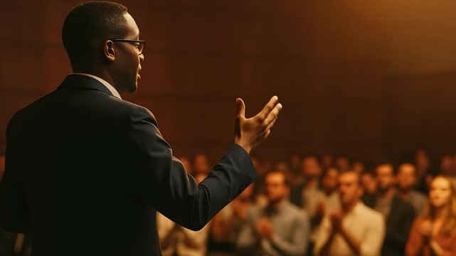 Motivational speaker addressing a captivated audience in a dimly lit auditorium, delivering a powerful speech.