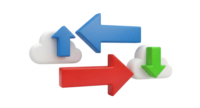 Colorful 3D render shows cloud data exchange on black. Useful for technology, presentations, and data transfer projects.