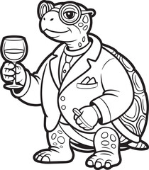 Turtle in Suit with Wine Glass Outline Vector Illustration Design