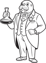 Walrus Sommelier Tasting Beverage Outline Vector Illustration, Refined Palate Concept