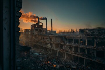 Abandoned Factory Complex at Sunset - Industrial Decay and Urban Exploration