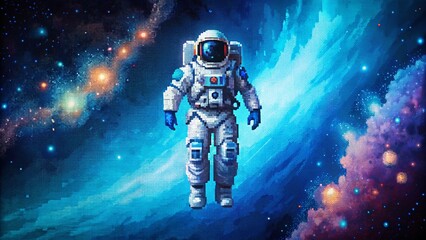 Pixel Art Astronaut in Blue Nebula Space
