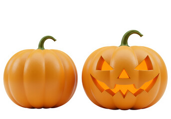Obraz premium Cute 3D Halloween pumpkin set with funny carved Jack O Lantern faces and autumn gourds.Isolated on white or transparent background. PNG format.