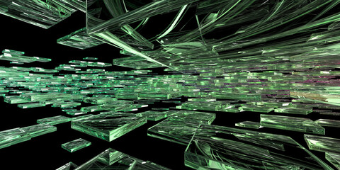 Futuristic digital matrix: dynamic green glass blocks and reflections in space. 3d render