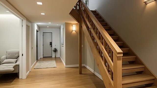 Interior design stylish wooden stairs inside the house with modern wooden railings and walls decorated with trendy lamps. Modern stairway or staircase inside in modern house interior 17