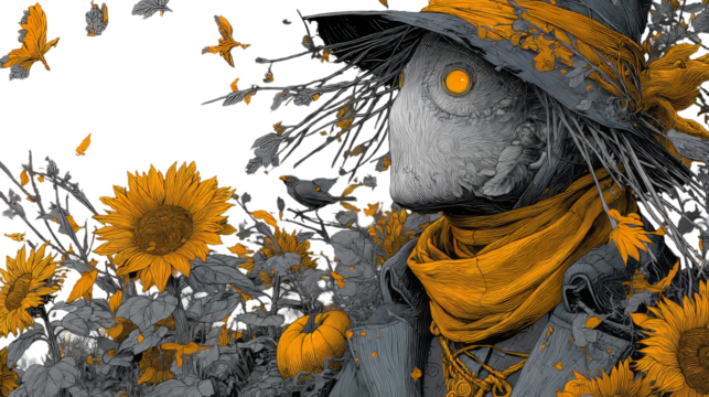 Scarecrow illustration surrounded by vibrant sunflowers and butterflies, showcasing a whimsical garden atmosphere with a touch of nature's beauty. on a transparent background
