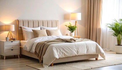 Cozy Beige Bedroom Interior with Bed and Soft Lighting