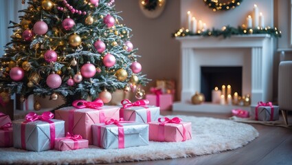 Obraz premium Christmas tree decorated with pink and gold ornaments with presents under, in a cozy living room with candles and festive decorations.
