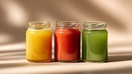 three glass jars with colorful fruit juices