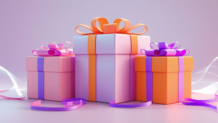 Three pastel gift boxes with ribbons on a soft gradient background present birthday
