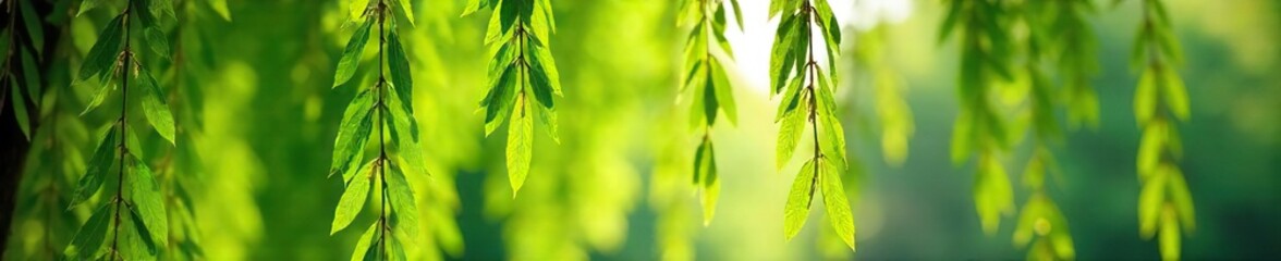 Spring Sunlight Dapples Weeping Willow Branches, Gently Swaying Green Leaves