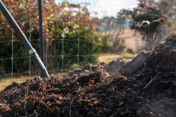 soil Compost pile, organic thermophilic compost turning in Tasmania Australia