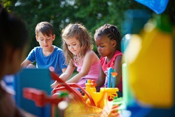 Children Pretending to Fly in a Toy Airplane Outdoors