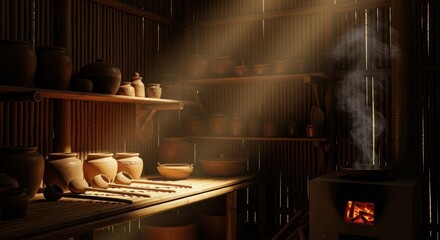 Sunlit Pottery Studio with Handmade Clay Vessels.