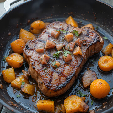 A T-bone steak wth glazed fruits and pumpkin in a grill pan