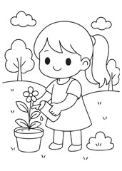 coloring book little girl misting a potted flower in the garden, smiling outdoors with trees and clouds.