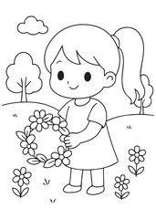 coloring book girl holding a handmade flower wreath in the garden, happy and proud among small blooms.