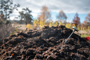 soil Compost pile, organic thermophilic compost turning in Tasmania Australia