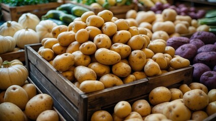 Pile of potatoes in wooden crate at a vegetable market with other vegetables in background. Fresh produce, agriculture, and food shopping concept.