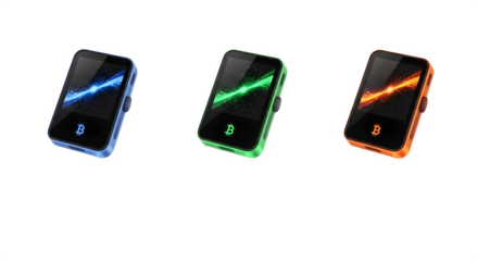 Three vibrant crypto devices glow, showing electric light designs. Product staging, branding, social media.
