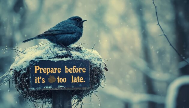 Calm Forest Scene with Bird and Snow-Covered Nest and Inspirational Quote on Prepare Before It's Too Late