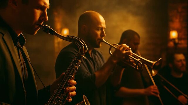 Jazz musicians performing passionately with saxophone, trumpet, and brass instruments in a dimly lit venue, creating a soulful music atmosphere.