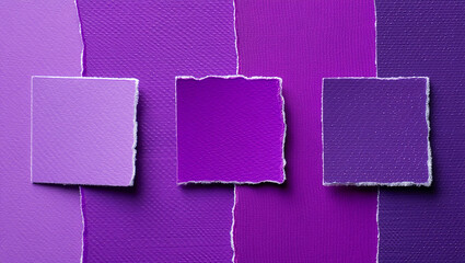 Three torn purple paper squares on a textured purple background violet lavender