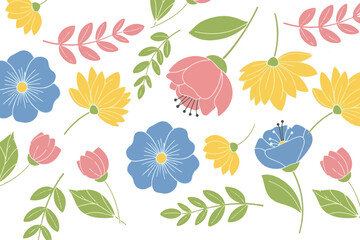 Seamless Pattern with Colorful Flowers and Leaves