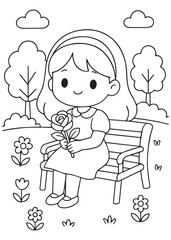 coloring book girl sitting on a bench holding a bouquet from the garden.
