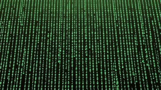 Abstract digital rain of glowing green binary code flowing downwards in a dark futuristic cyberspace.