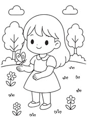 coloring book  girl watching a butterfly rest on her finger among garden flowers.