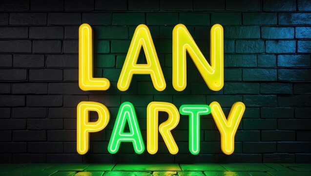 LAN PARTY with neon yellow and green letters on a brick wall.