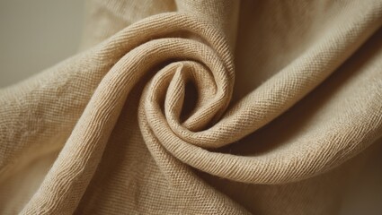 Close-up of beige fabric with soft folds and twists, showcasing texture and material quality.
