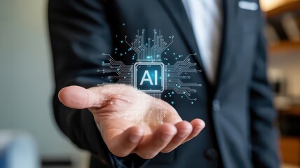 Man's Hand Presenting a Digital AI Chip with Glowing Circuitry artificial intelligence technology