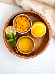 Wooden Bowl Setup with Turmeric, Lemon Water, and Jojoba Oil for Body Scrub Ingredients Photoshoot