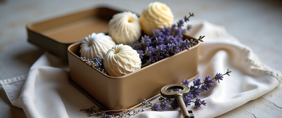 Artistic DIY Gift Composition: Upcycled Tin Box with Dried Lavender Sachets & Soaps on Linen, Vintage Keys, Empty Space for Text