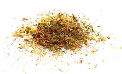 Dried Saint John's wort flowers (Hypericum perforatum) isolated on white background, side view 