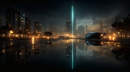 Futuristic city skyline illuminated with neon lights artificial intelligence powered architecture smart transportation eco friendly innovation cyberpunk atmosphere 